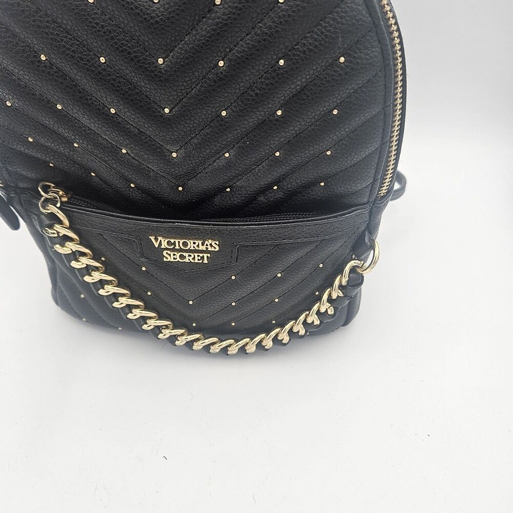 Victoria's Secret V Quilt Mini Backpack Black Gold Chain Studded Bag - Picture 4 of 12